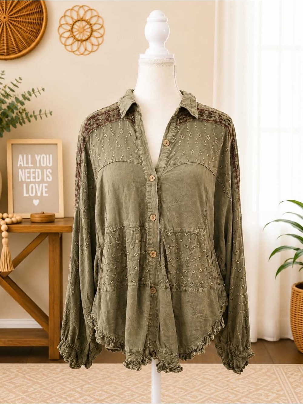 Boho Olive Green Button-Front Embroidered Shirt